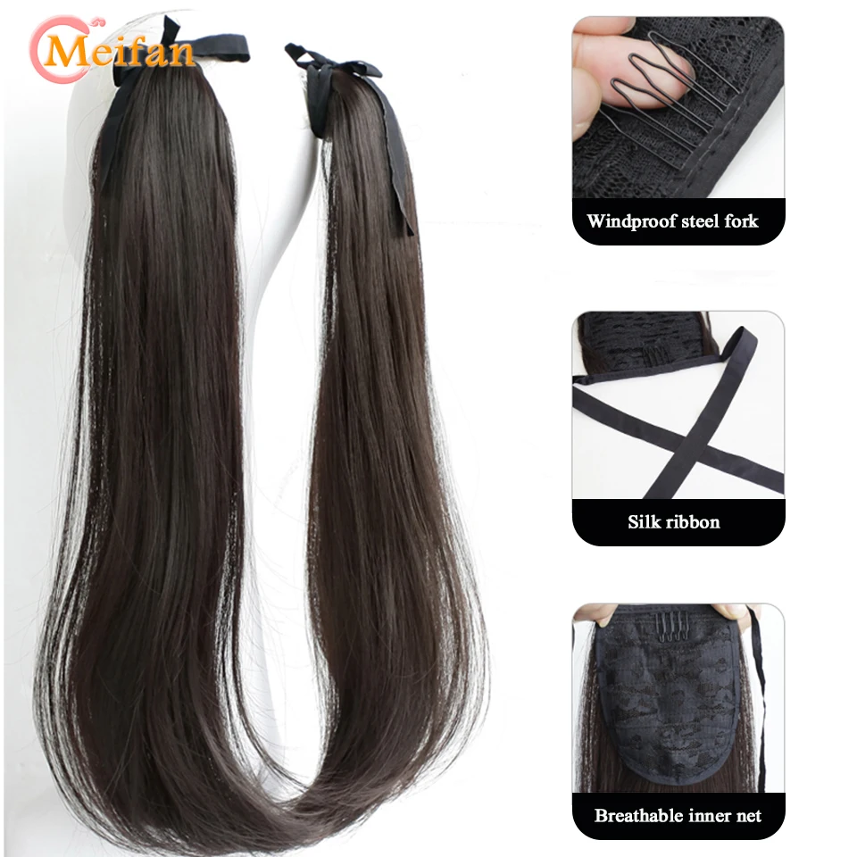 MEIFAN Tổng Hợp Dài Uốn Gợn Sóng Đuôi Ngựa Cho Nữ Nơ Dây Rút Buộc Tóc Đuôi Tóc Tự Nhiên Giả Bộ Tóc Giả