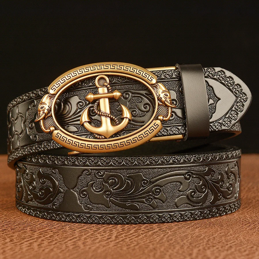 SupSindy Cinturón de cuero genuino para hombre, cinturones de piel de vaca con hebilla automática de Metal con ancla dorada de lujo para hombre, cinturón vaquero para hombre, correa negra