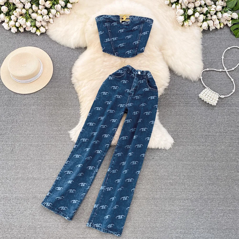 Conjunto de dos piezas para mujer, Tops Bandeau sin mangas, camisa corta Sexy, conjuntos de pantalones con botones, pantalones rectos con bolsillos, corte Regular informal