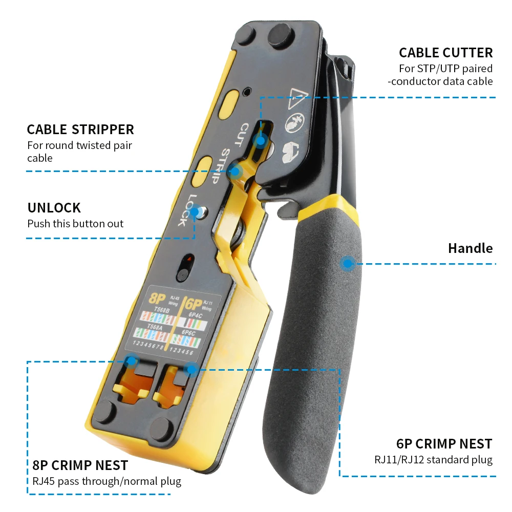 EASY-Type RJ45 Network Crimper - 3-in-1 Crimp/Cut/Strip Lan CAT6A/6/5E (STP/UTP) & RJ11/12 Tel Modular Cable