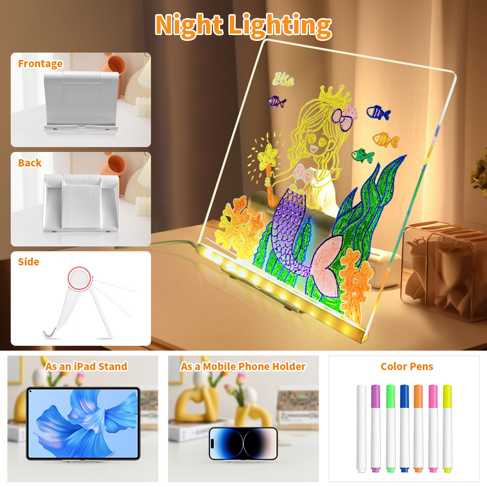 LED Note Board With Night Light Colorful 7 Pens DIY Acrylic Message Board Children‘s Drawing Board For Kids Birthday Gift