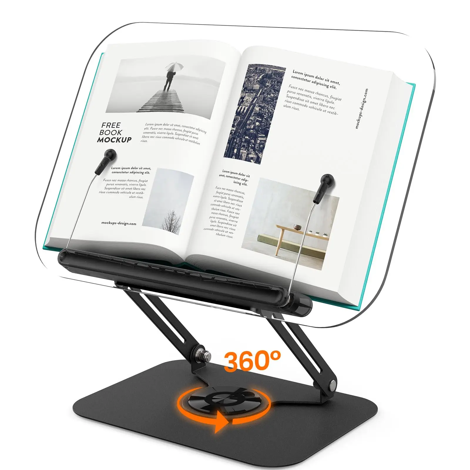 NUEVO soporte para libros para leer soporte para libros ajustable con 360 °   Base giratoria Clips de página elásticos Soporte elevador de escritorio plegable