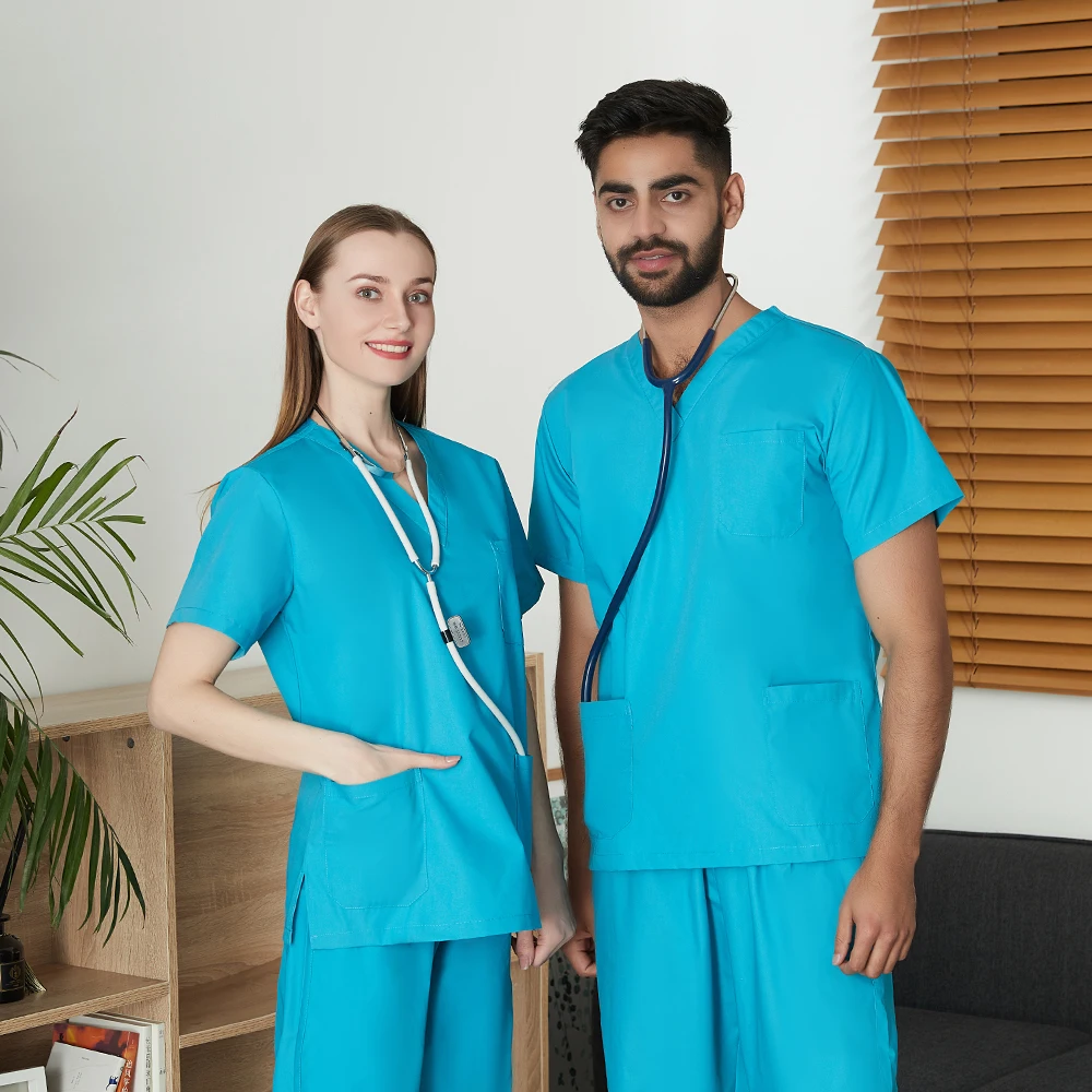 Conjunto de uniforme médico de cor sólida masculino atacado clínica hospital médico macacão com decote em v moda esfrega roupas de enfermeira de farmácia