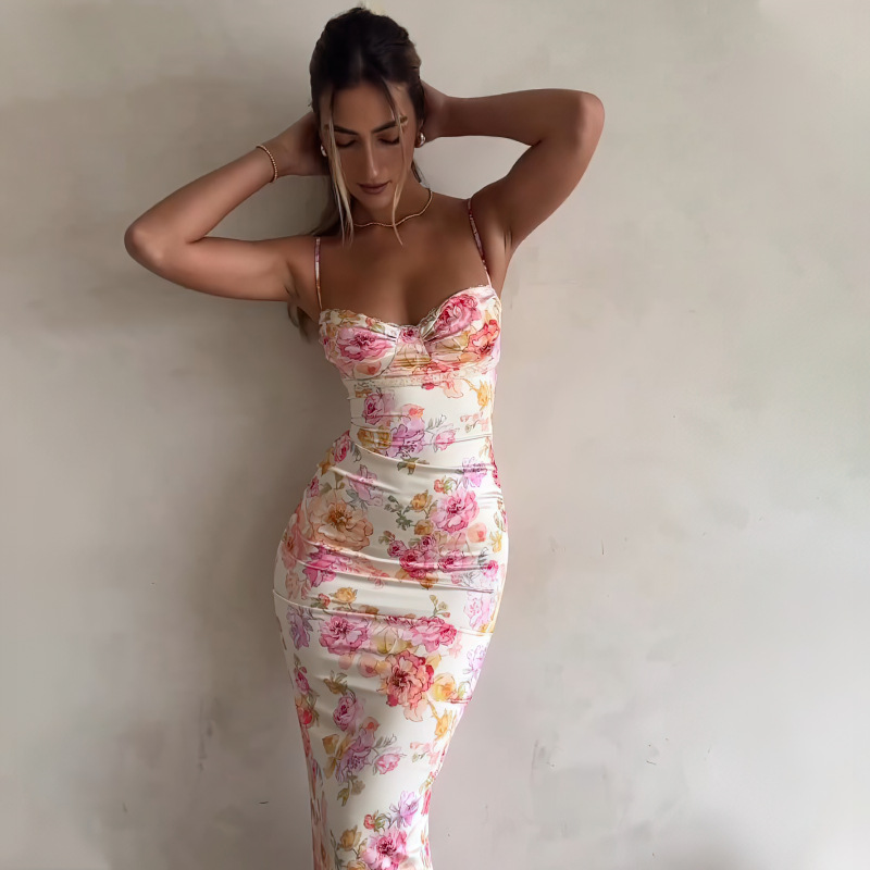 Nuevo vestido Floral con tirantes divididos, ajustado, sin mangas, estilo playero, vestido de tirantes finos, ropa de mujer, Mini vestido de verano 2024