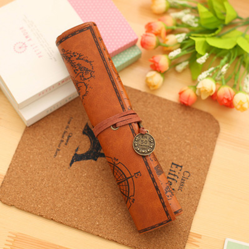 Schatkaart Leer PU Retro Jongen Meisje Potlood Tas Cosmetische Tas Roll Pen Tas Voor Student Geschenken Briefpapier Borstel Make-up Benodigdheden