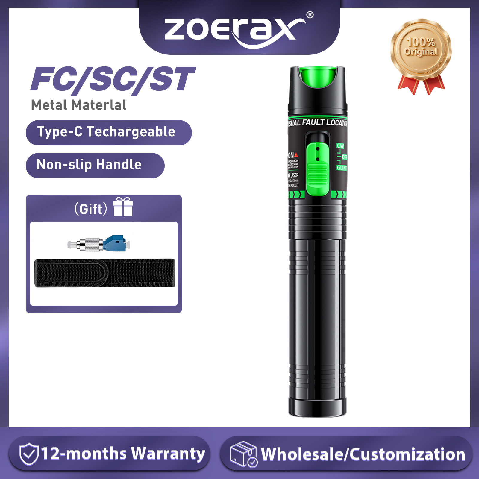 ZoeRax 30/15 mW Glasfaser-Visual-Fehlerortung, wiederaufladbarer FC/LC-Adapter, grüner/roter Lichtstift Typ C (5 MW, keine Batterie im Lieferumfang enthalten)