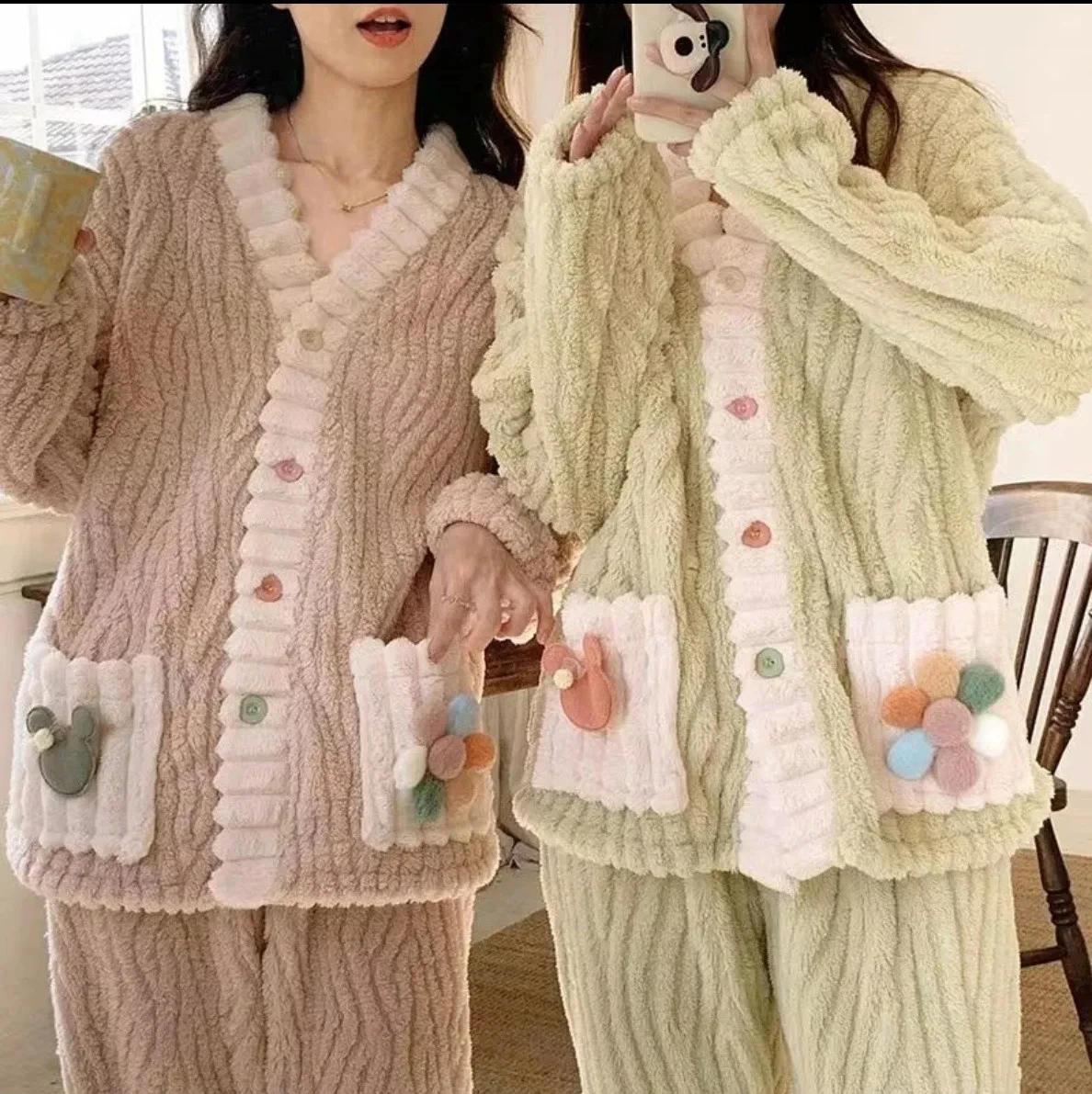 Engrossado flanela quente feminino sleepwear loungewear cardigan terno inverno doce kawaii macio fada vento senhoras pijamas homewear