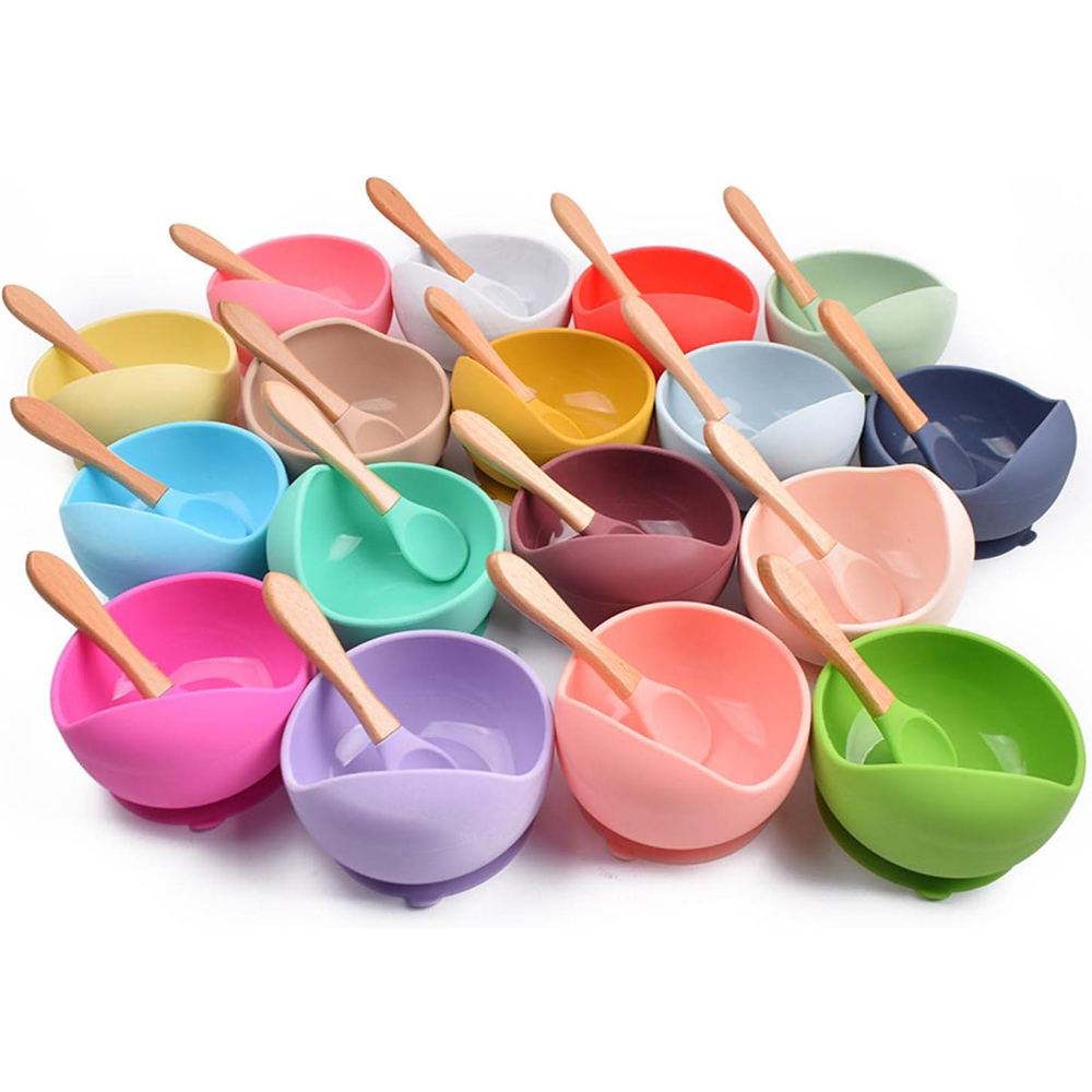 Set di ciotole e cucchiai in silicone per bambini da 2 pezzi per set di alimentazione per bambini in silicone per bambini Stoviglie per alimentazione per bambini Ciotola in silicone per ventosa per bambini