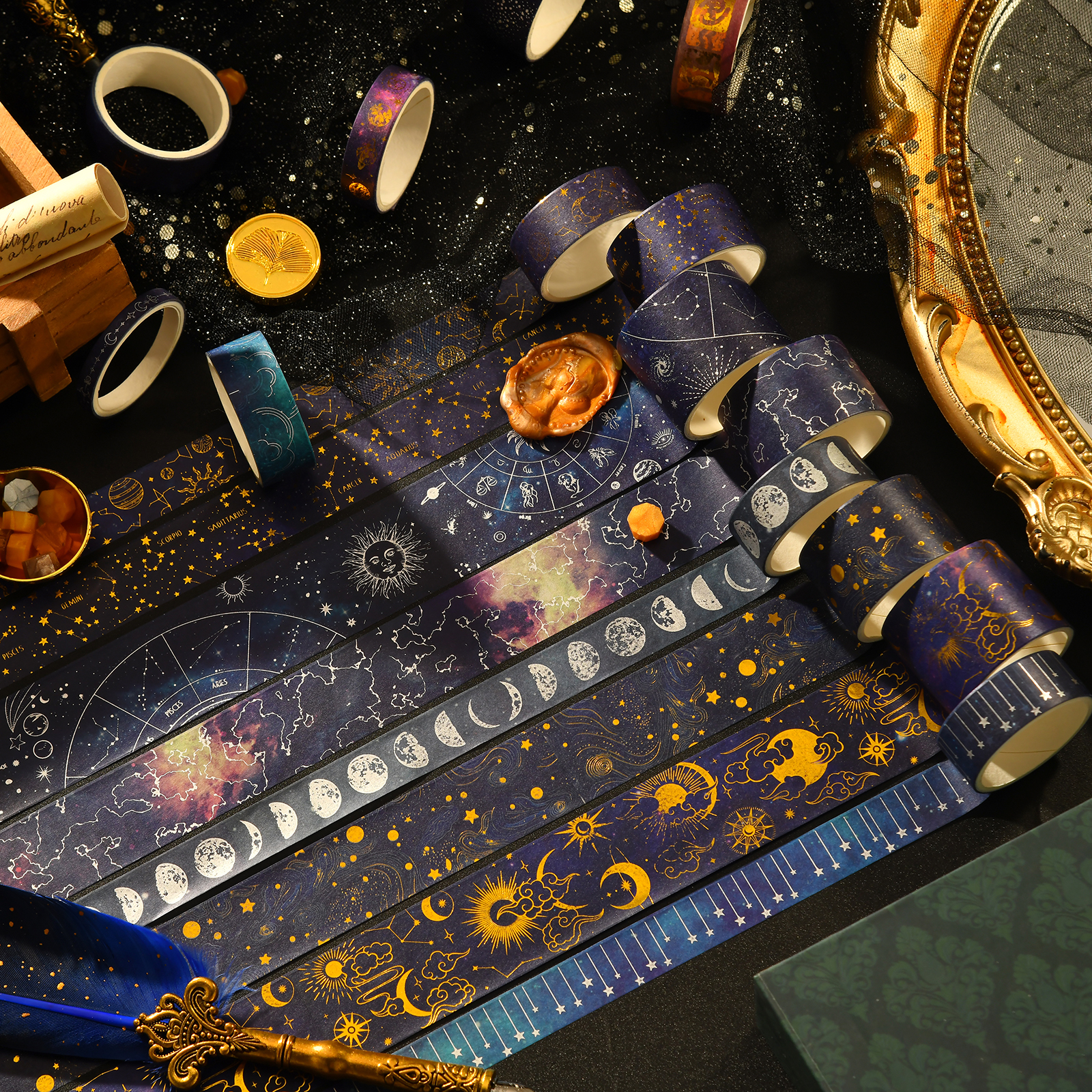 20 ม้วน Vast Universe Washi เทป Galaxy Star Moon Gold Silver Stamping กาวเทปกาวสติ๊กเกอร์ตกแต่ง A7603