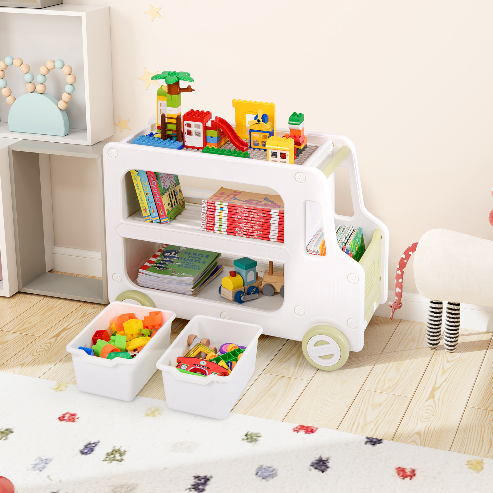 GOFLAME Storage Organizer, 2 in 1 Car Shaped Cabinet w/Safe HDPE Frame, 2-tier Opening Shelf