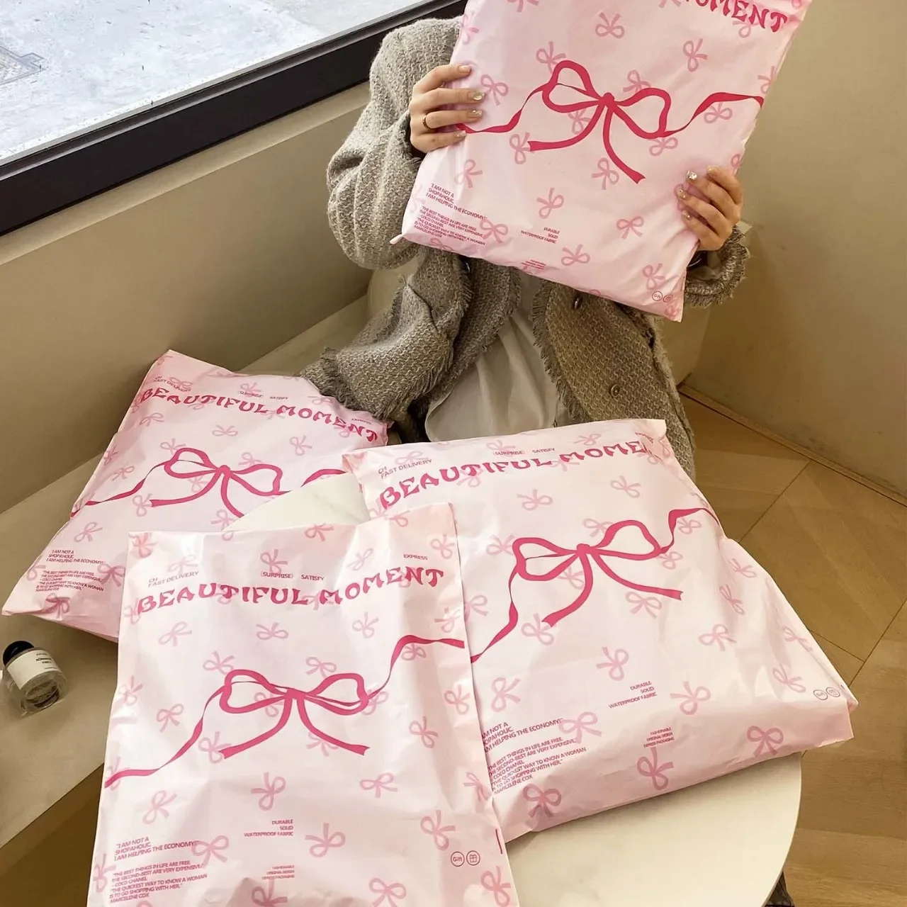 10pc ins schöne rosa Bogen Express Tasche Frauen Kinder Kleidung Outfit Shop Packt asche Online-Shop Lieferung wasserdichte Versandt asche