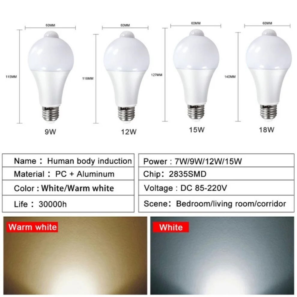 Lámpara con Sensor de movimiento PIR E27 de 220V, bombilla LED de 9W, 12W, 15W y 18W con Sensor de movimiento, Detector de movimiento por radiación infrarroja, luz de seguridad