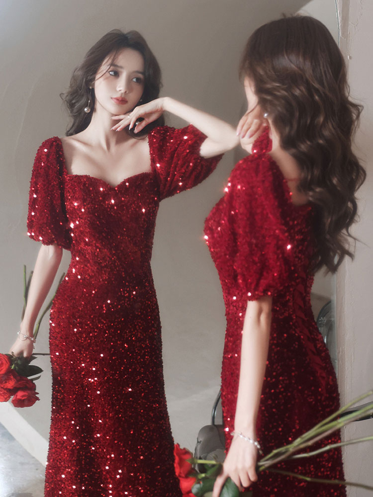 Elegant Sequin Evening Gown Women's New 2023 Par Host High Waist Floor Length Short Sleeve U Neck Velvet Fabric Dress