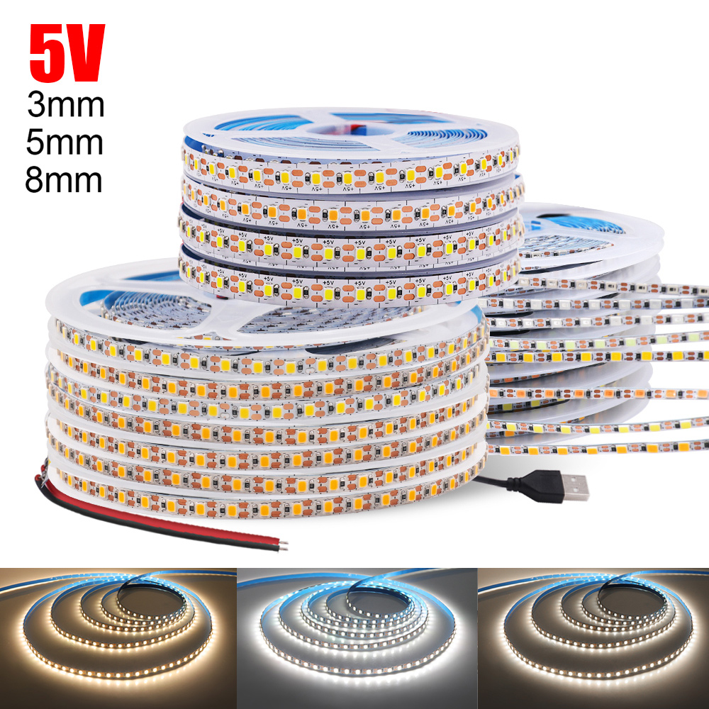 Tira de luces LED PCB de 3mm y 5mm, ultrafina, 1 corte LED, 5V, 2835, 120LEDs/m, cinta Flexible de 8mm, CC IP21, no impermeable, blanco Natural cálido