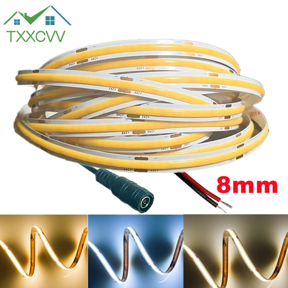 Tira de luces LED COB ultrafina, 12V, 24V, 8MM, cinta de luz con enchufe de CC/cable de 2 pines, iluminación lineal regulable, decoración de lámpara de alta densidad