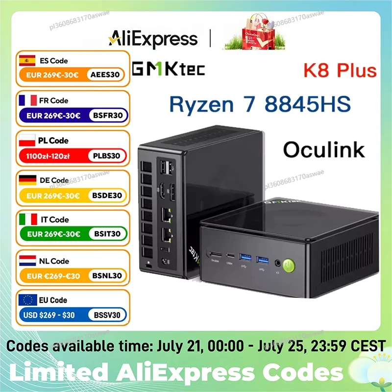 GMKtec K8 Plus Ryzen 7 8845HS MINI PC Windows 11 Pro WIFI6 BT5.2 Oculink Desktop Mini PC Gamer Computer DDR5 5600Mhz PCIe4.0 SSD