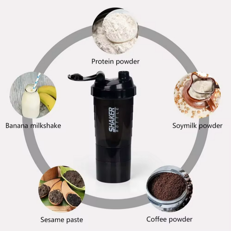 3-lagige Shaker-Proteinflasche, Pulver-Shake-Becher, Wasserflasche, Kunststoff-Mischbecher, Bodybuilding-Übungsflasche
