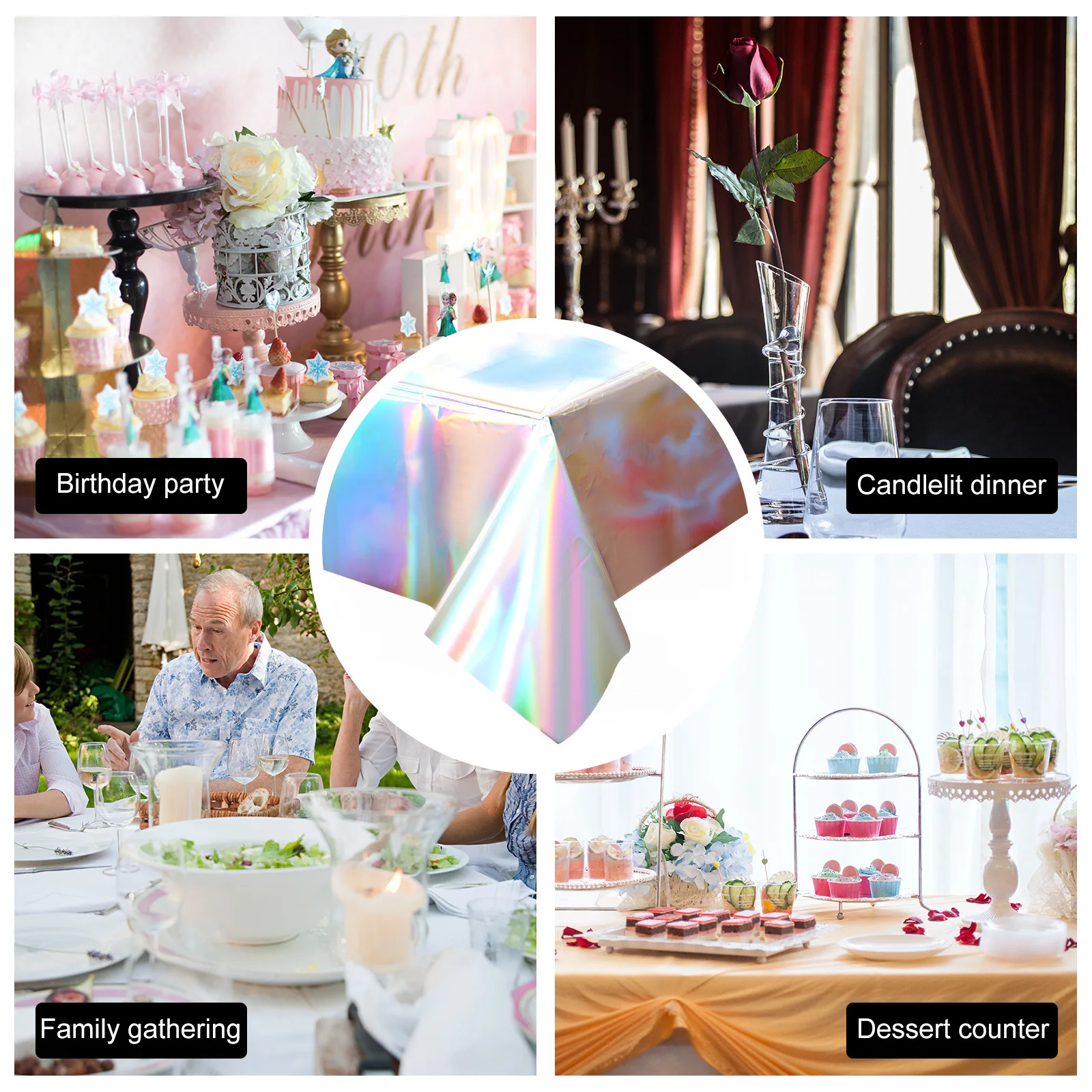 1PCS เลเซอร์ Rainbow Theme ผ้าปูโต๊ะอลูมิเนียมวันเกิดงานแต่งงานตกแต่งผ้าปูโต๊ะแบบใช้แล้วทิ้งอุปกรณ์ตกแต่ง