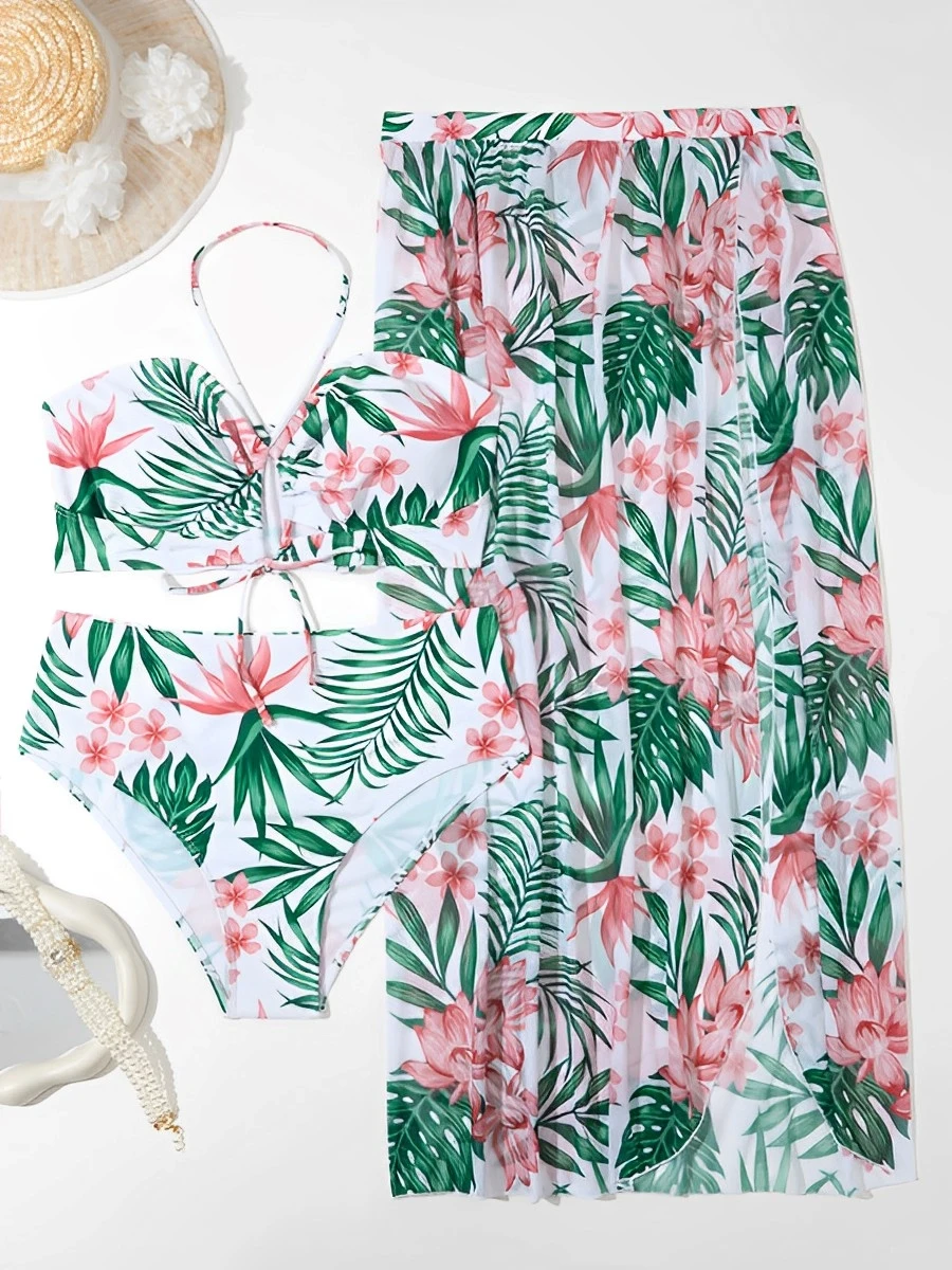2024 große Plus Größe Halter Bikini Langen Rock 3 Stück Hohe Taille Badeanzug Frauen Bademode Weiblichen Badeanzug Bademode Schwimmen