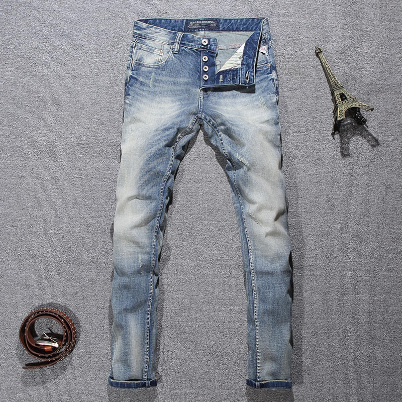 Italienischen Stil Mode Männer Jeans Retro Hellblau Elastische Slim Fit Zerrissene Jeans Männer Tasten Hosen Vintage Designer Denim Hosen