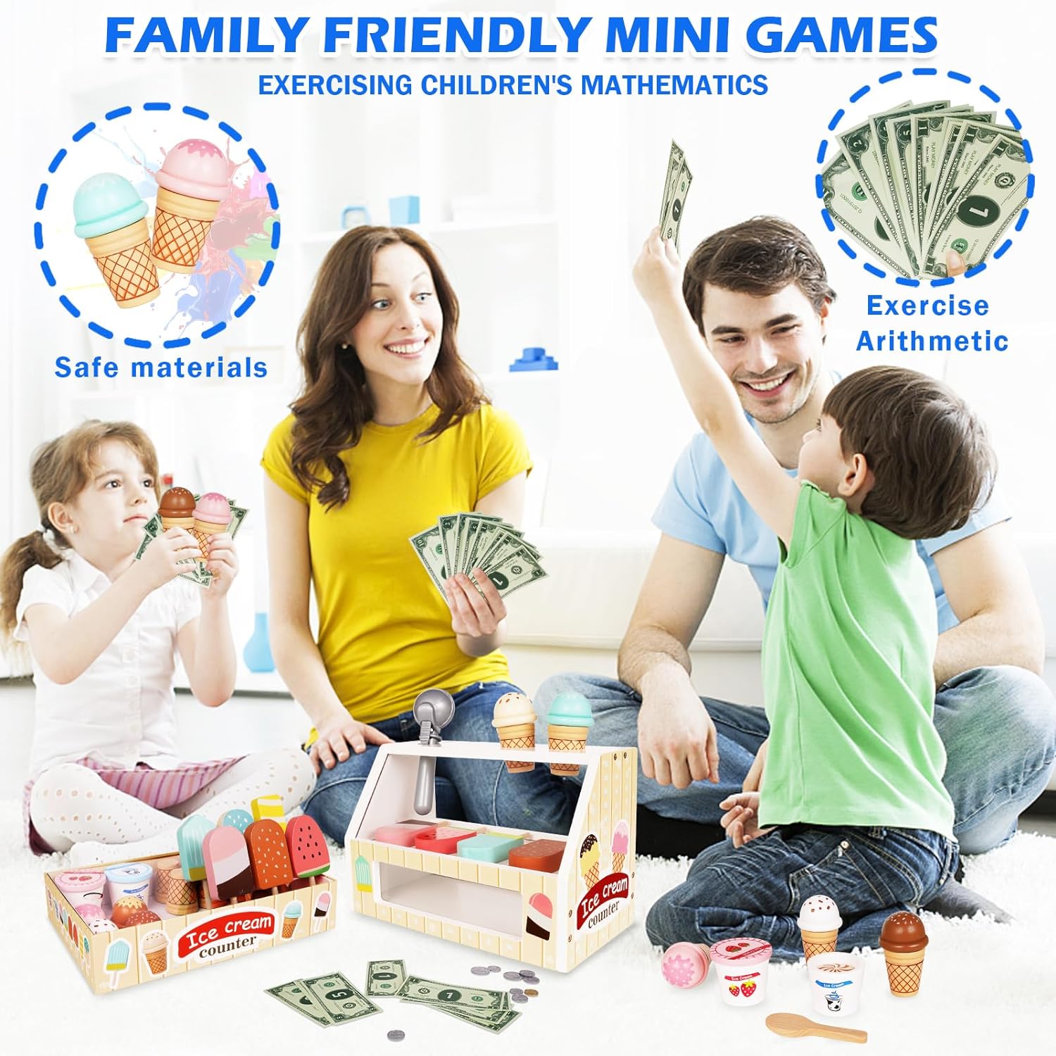 Set da gioco da banco per gelato in legno per giocattoli per bambini, giochi di finzione Montessori, giocattoli alimentari, accessori da cucina