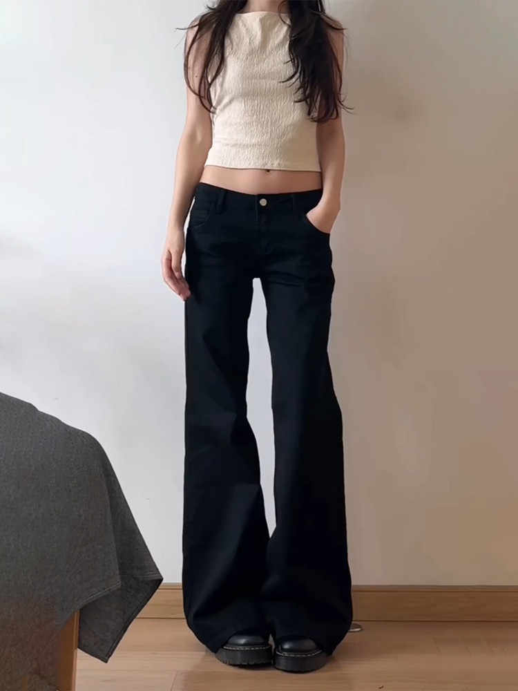 女性の低層フレアデニムパンツ、ベルボトムパンツ、kpop grungeスタイリッシュ、日本原宿、ブラックy2kジーンズ、2000s kpop
