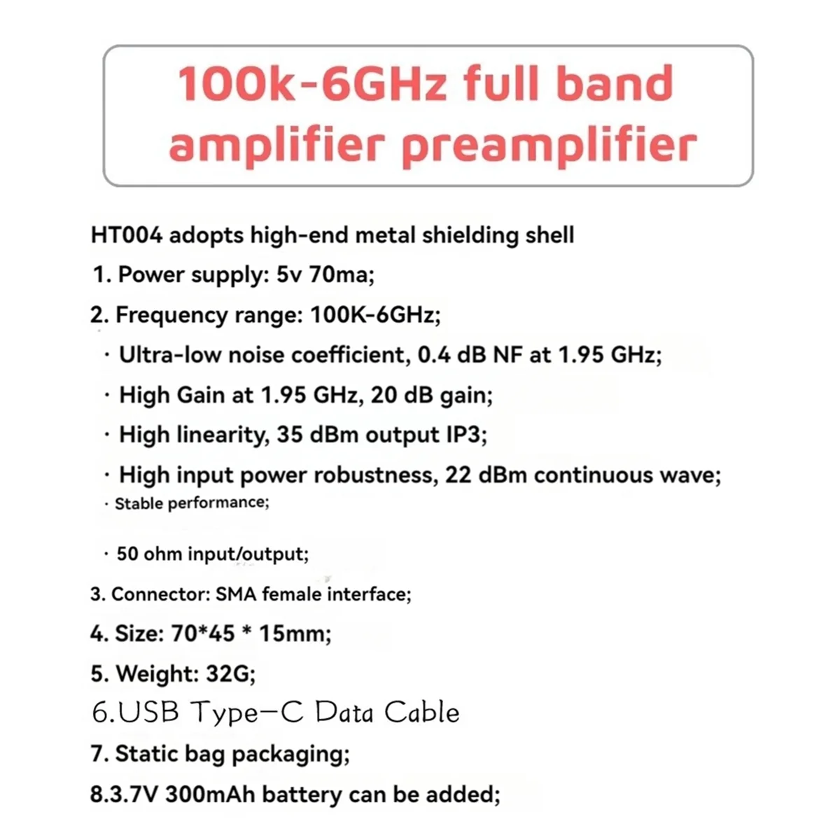 100K-6GHz Full Band Low Noise Amplifier,20dB High Gain Preamplifier,LNA Module for RF & Software Defined SDR Radio