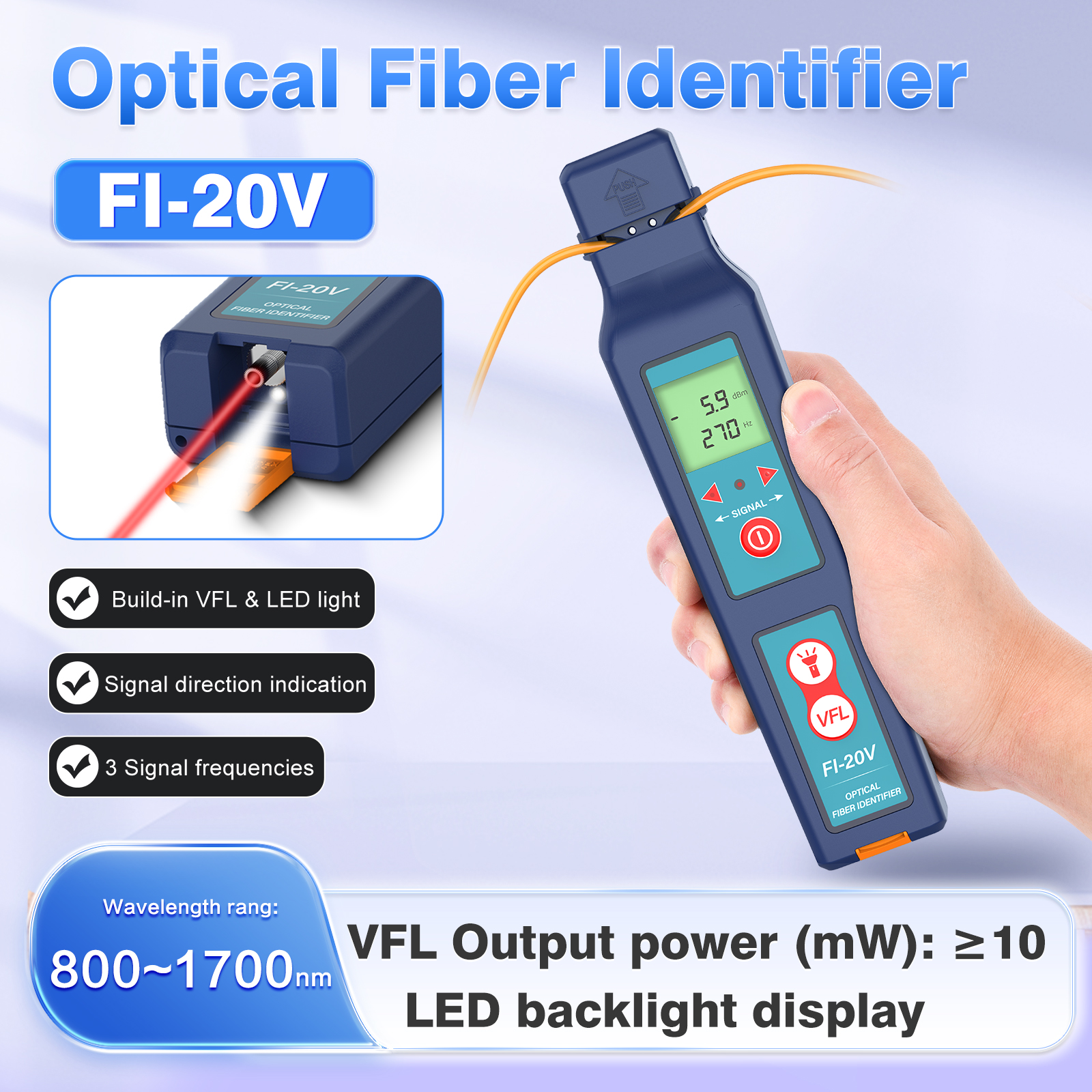Identyfikator światłowodowy FI-20V równa się OFI-40V 800 ~ 1700nm wykrywa długość fali wskaźnik kierunku sygnału VFL 5-8km światło LED