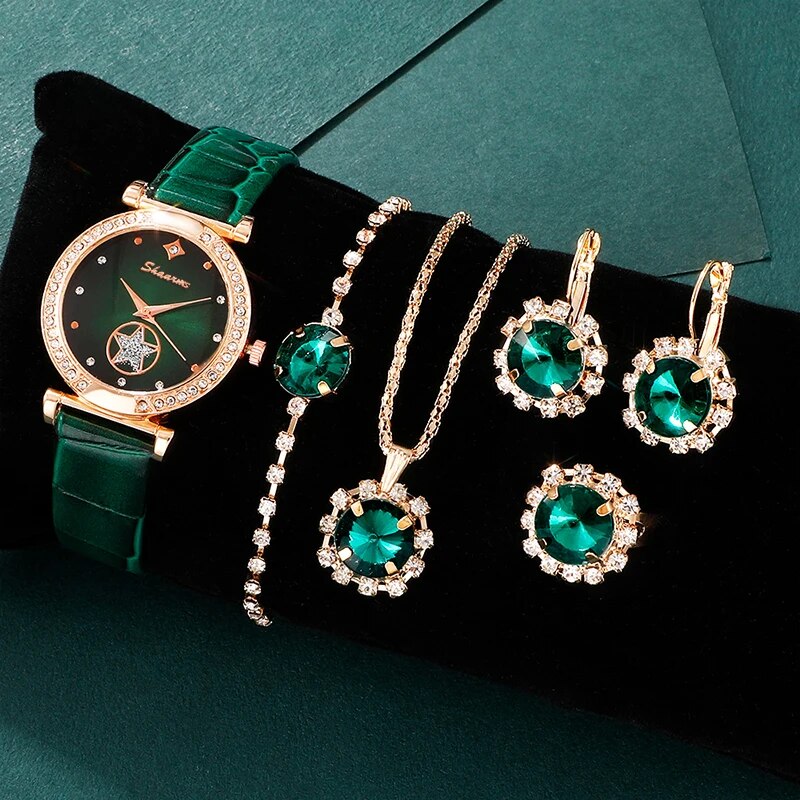 6 stuks groen luxe quartz horloge dames ring ketting oorbel bergkristal mode polshorloge casual dames armband horloges