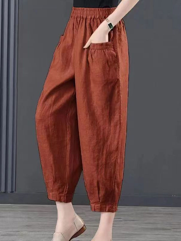 High Waist Cotton Linen Women's Pants Loose Trousers Summer 2025 Asymmetrical Commute Sle Nine Points Lantern Pants