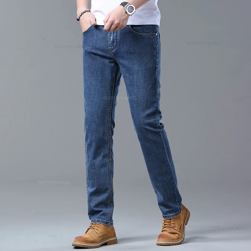 Pantalones vaqueros ajustados azul claro de primavera para hombre, pantalones vaqueros de tela elástica informales con estilo, pantalones clásicos gris humo