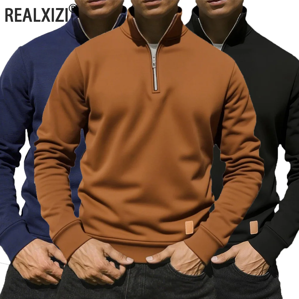 Herren-Sweatshirt mit halbem Reißverschluss, langärmelig, einfarbig, Pullover, Rollkragen, Streetwear, Winter, warme Jacke, Sportmäntel