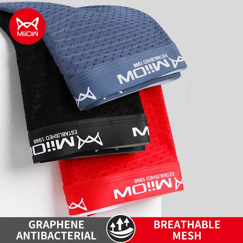 MiiOW 3Pcs Ice Silk Men Underwear Boxers Sexy Mesh Men's Panties Graphene Antibacterial Mens Underpants L-4XL Man Boxer Briefs
