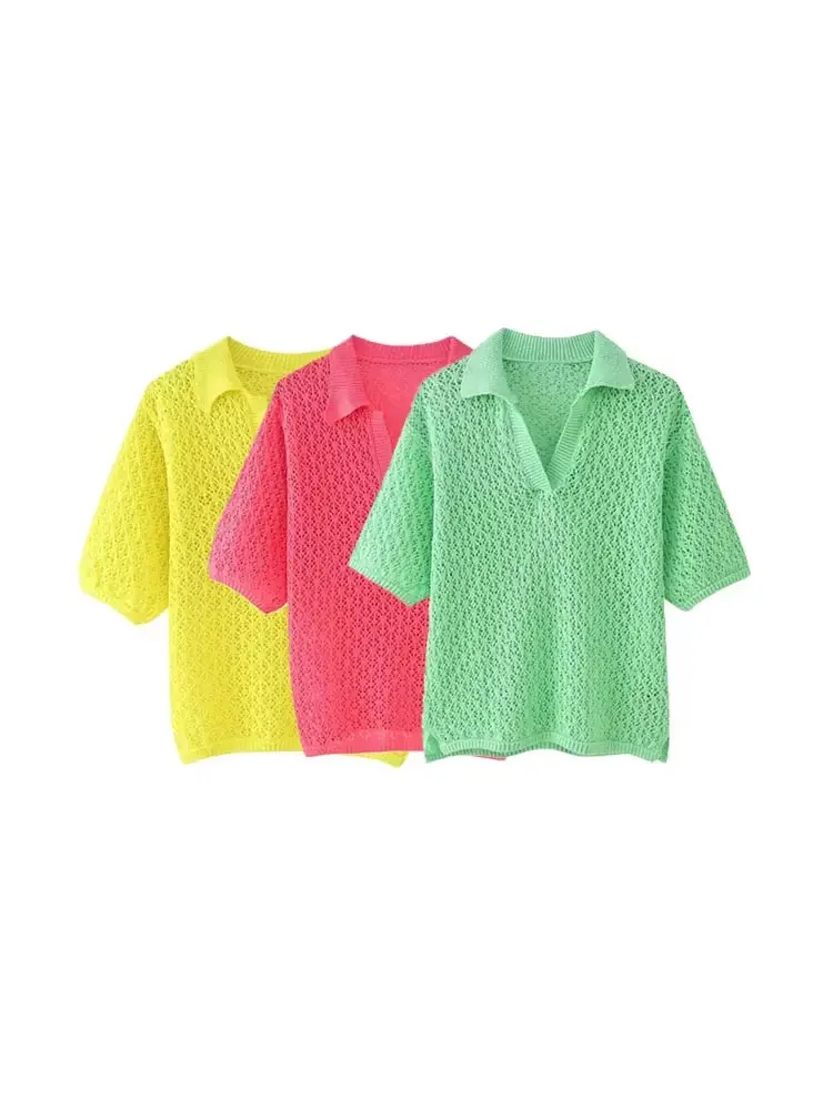 Frauen Mode Pointelle Stricken Lose Pullover Polo Kragen Kurzarm Weibliche Pullover Chic Tops