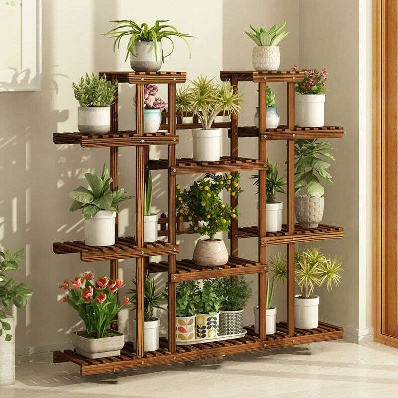 Soporte grande para plantas de madera de 11 niveles, estante para macetas carbonizado de alta ampliación, tienda de flores, oficina, jardín, interior y exterior