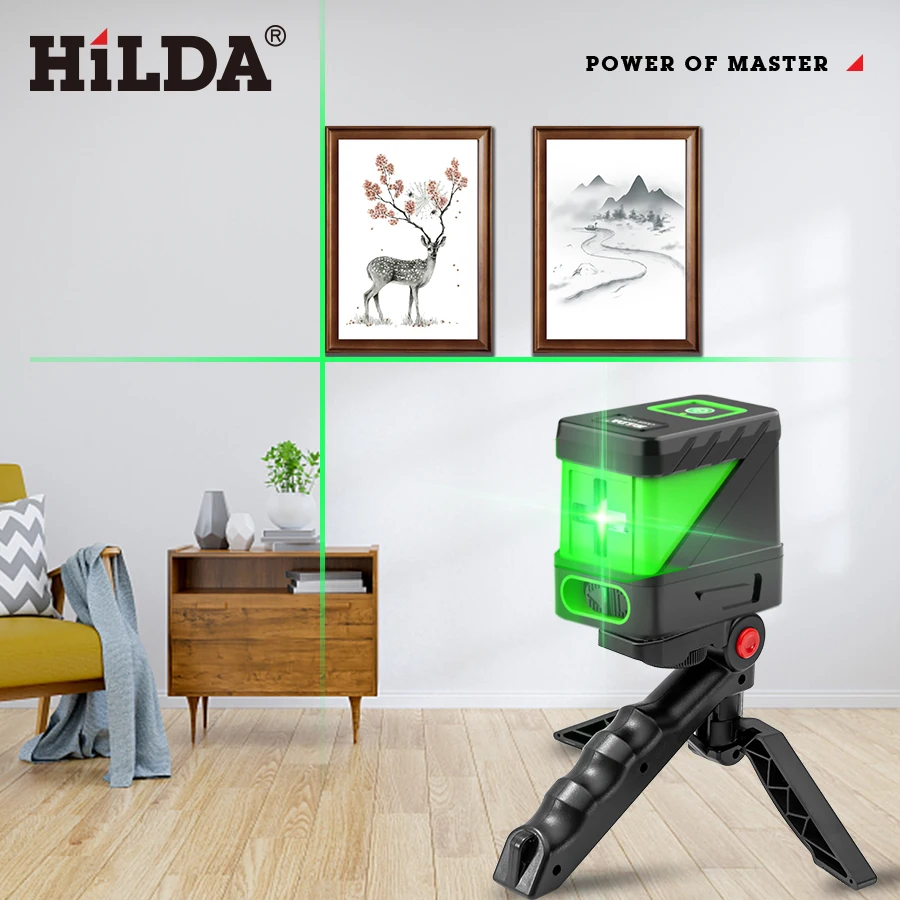 HILDA 2-Linien-Laser-Nivelliergerät, selbstnivellierender Laser mit grünen Strahlen, horizontale und vertikale Kreuzlinie