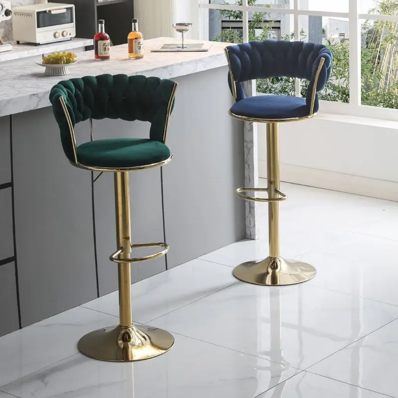High Quality Nordic Style Bar Stools Velvet Retro Rotatable Round Party Chairs Adjustable Height Back Tabourets De Bar Furniture