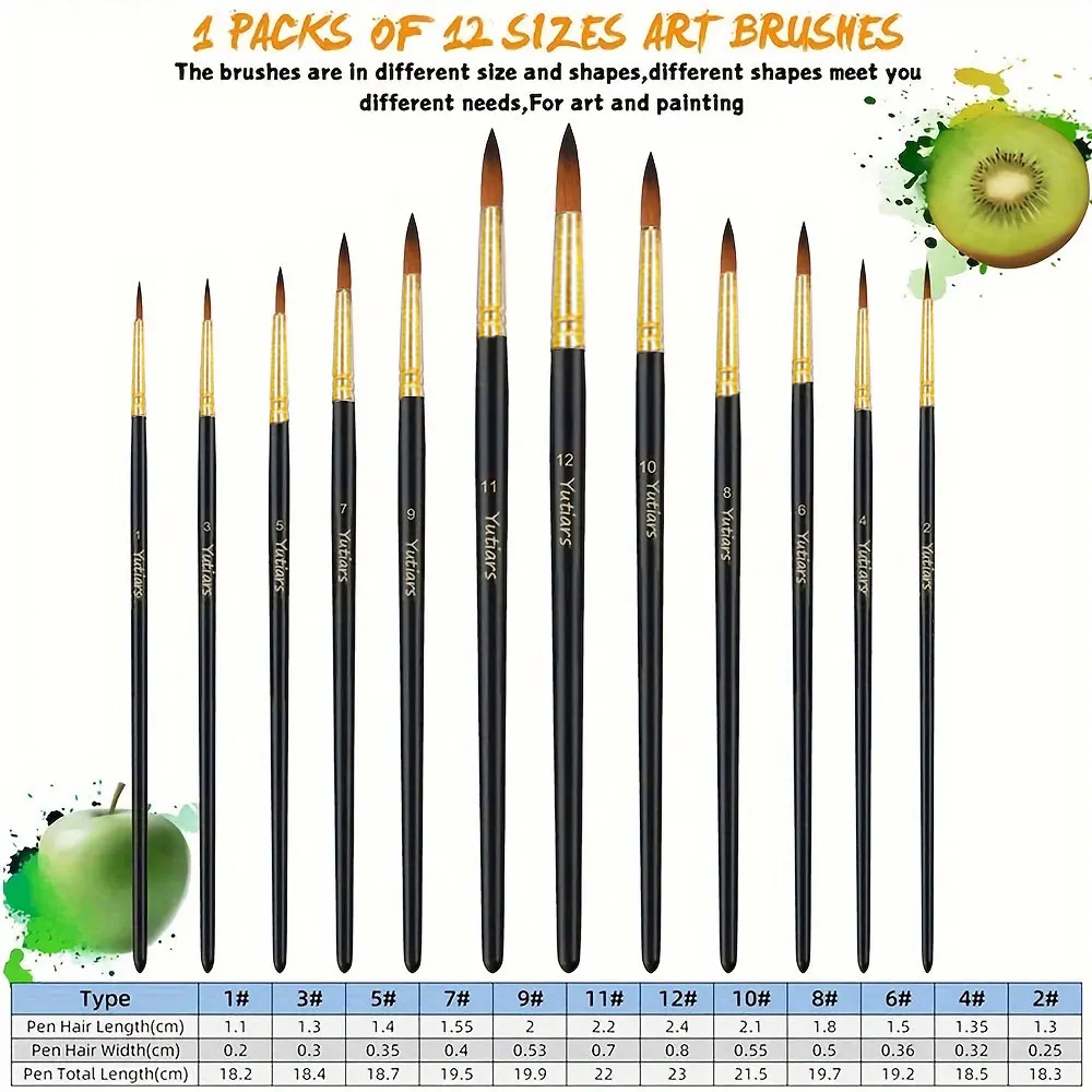 Yutiars Professional Artist Paint Brush Set 12 Pieces with Premium Synthetic Nylon Bristles for Watercolor, Oil, Acrylic, Face