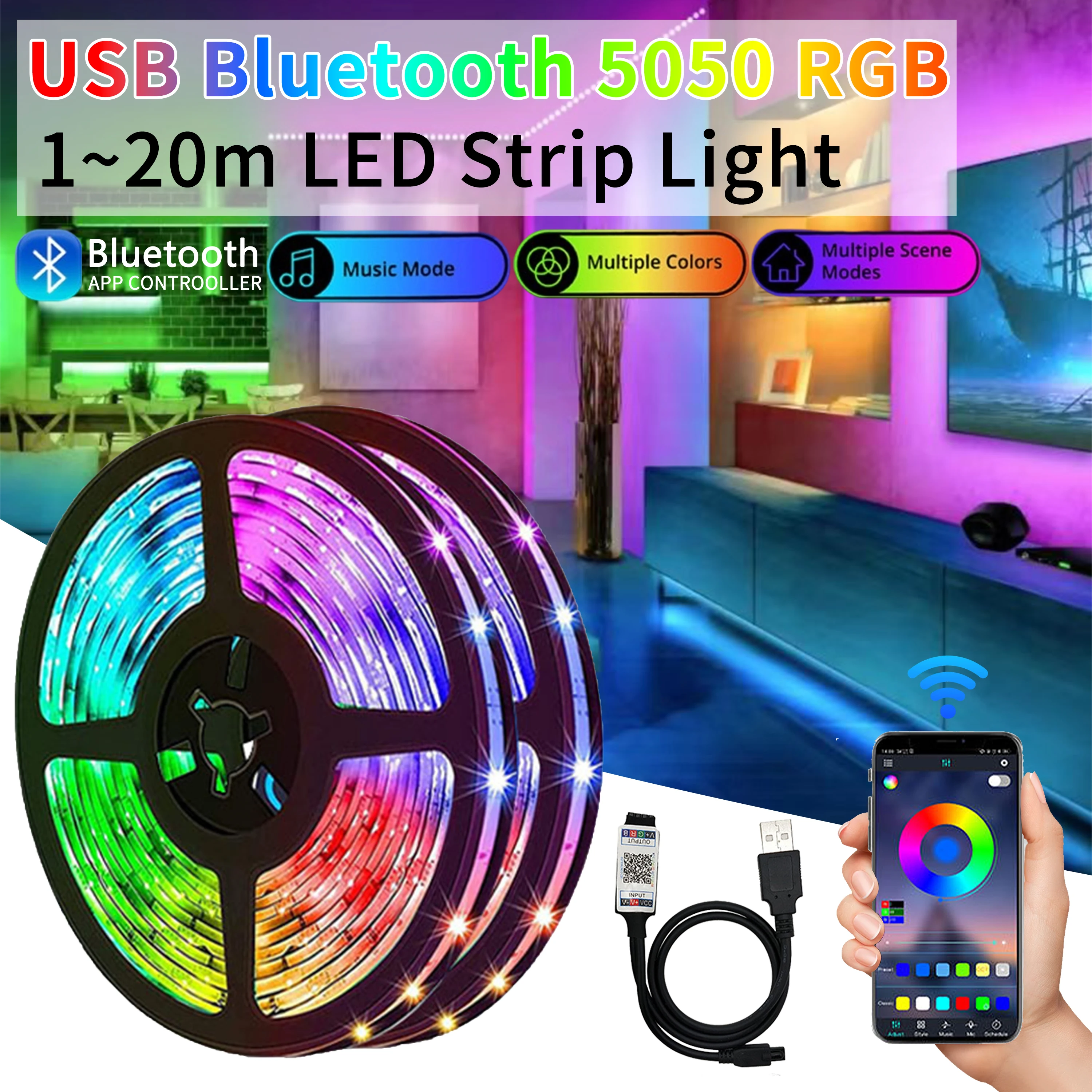 Tira de luces LED de 1-20M y 5V RGB 5050, retroiluminación de luces de Tv, sincronización de música de iluminación de tira Led, cambio de Color para fiesta en casa