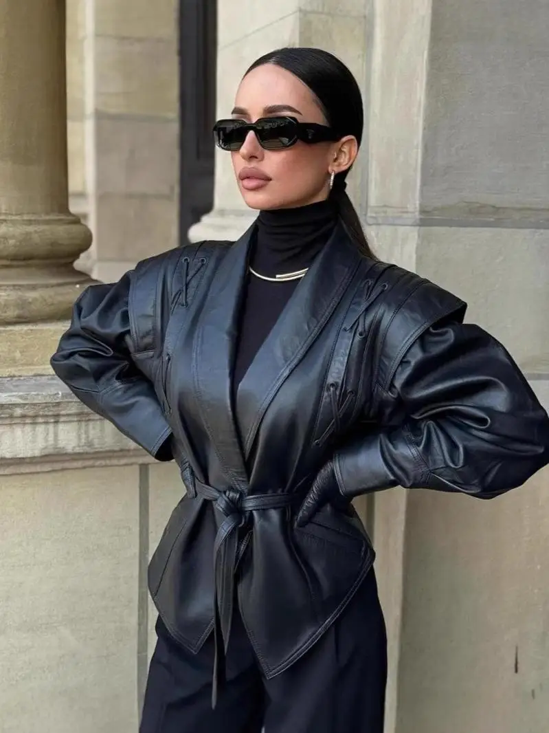 Suninherat outono jaqueta de couro falso 2025 moda preto pu casaco com cinto lapela outwear feminino