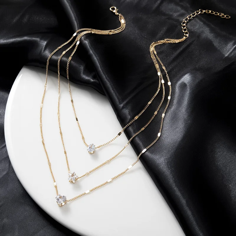3 pezzi/set collana vintage con ciondolo a forma di cuore con strass lucidi per le donne, semplice multistrato, catena sottile, girocollo, gioielli da sposa