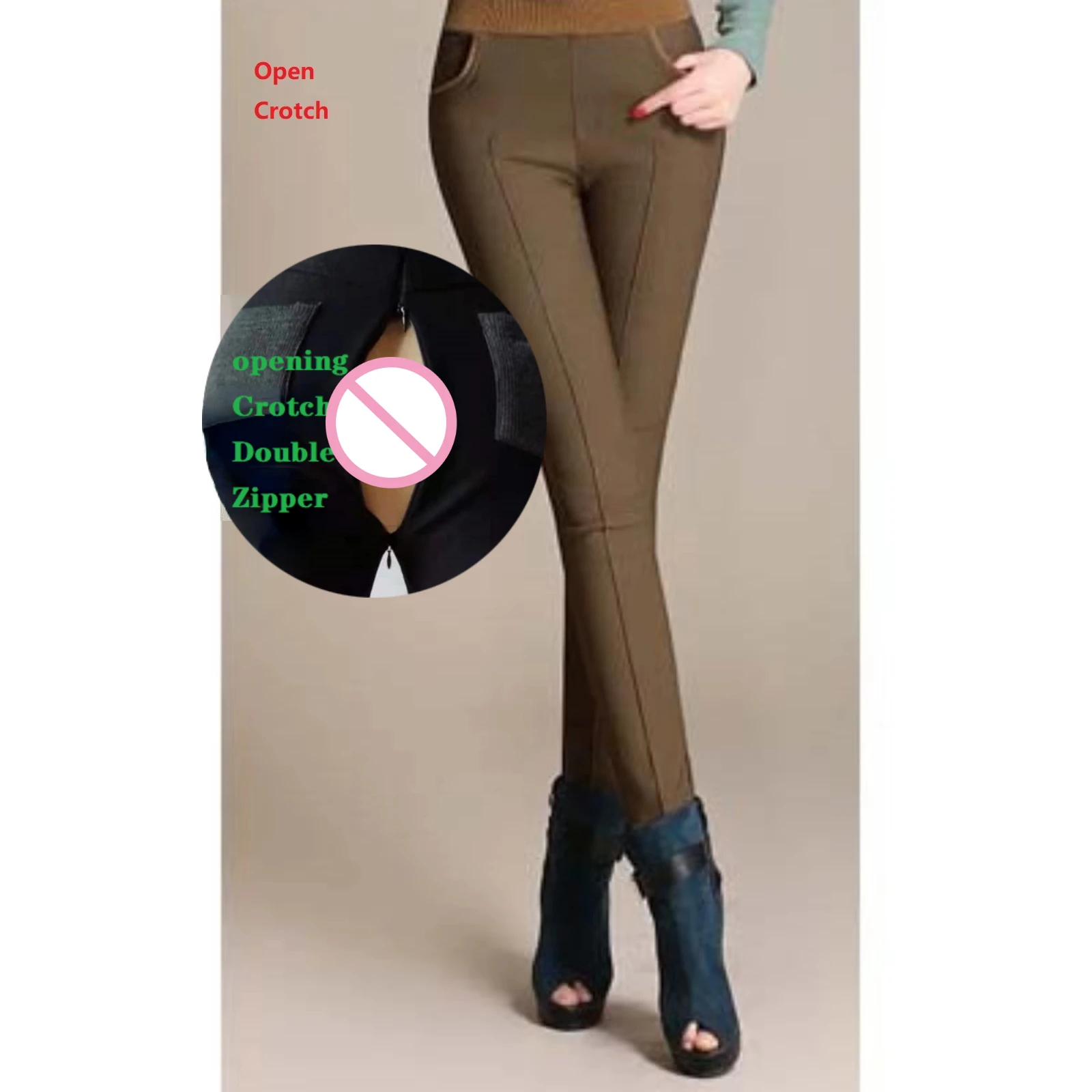 Mallas gruesas con forro polar para mujer, pantalones pitillo exteriores coreanos con entrepierna abierta, otoño e invierno