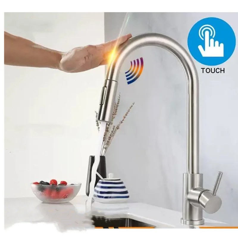Robinet de cuisine tactile extractible avec capteur de nickel brossé, en acier inoxydable noir, robinet mixte à Induction intelligente, robinet d'évier à commande tactile