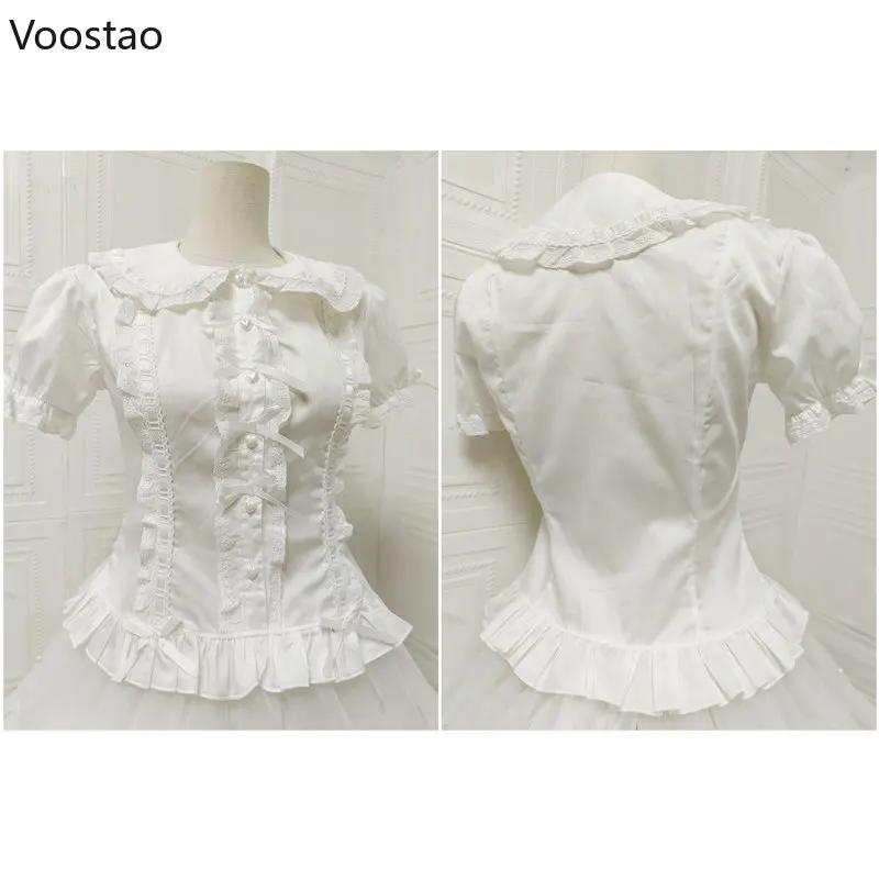 Camisa Lolita para Mujer, Blusas ajustadas con lazo de estilo Preppy, camisas JK con volantes de encaje y cuello Peter Pan, Blusas de manga abombada para chica, Tops para Mujer