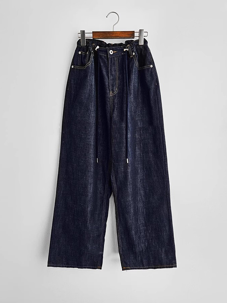 Calças Jeans Fenas de Cintura Alta com Design Retro e Cordão, Pernas Retas e Largas, Detalhes de Costura Versáteis