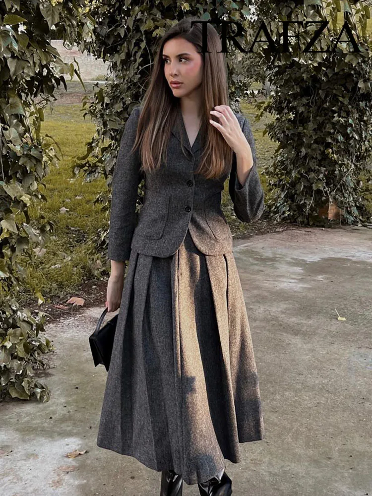 TRAFZA-Conjuntos de moda para mujer, chaqueta ajustada con cuello de pico liso + falda larga holgada y cómoda de estilo minimalista para mujer 2023