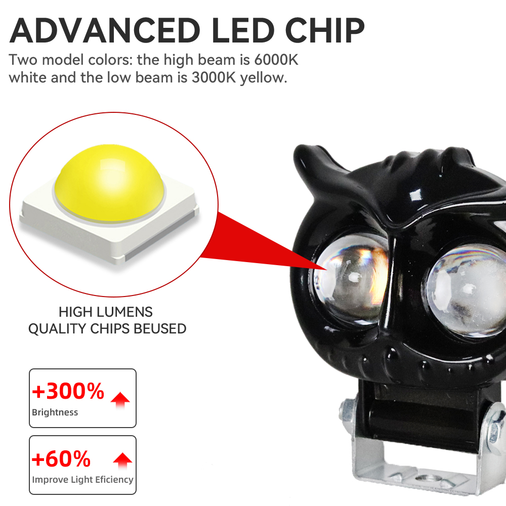 LEDモーターサイクルヘッドライト,フォグライト,デュアルカラー,フクロウデザイン,スクーターヘッドライト,補助ライト,カーアクセサリー