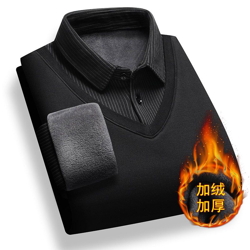 Mann Kleidung Gefälschte Zwei Stück Fleece-gefüttert Pullover männer Gestrickte mit Plüsch Dicken Pullover Warme hemd kragen Unten hemden Pullover
