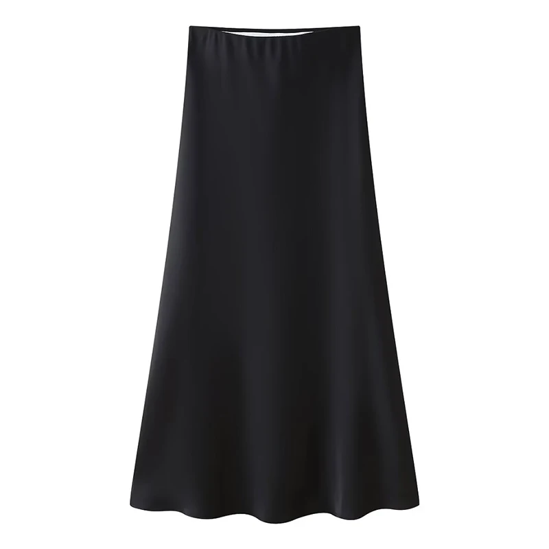 RAFZNB ซาตินกระโปรงเอวสูงผู้หญิงแฟชั่นสบายๆเอวยางยืด Midi กระโปรงหญิง Chic กระโปรง