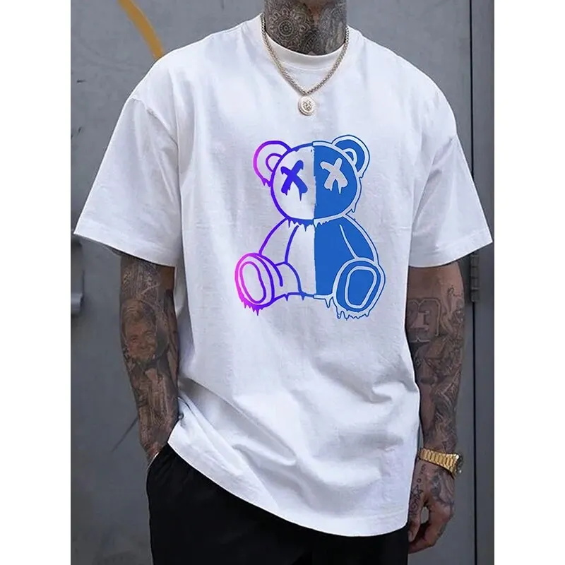 2024 Summer Fashion Cartoon Bear Print Mens Tshirt New Solid Color O-Neck T-Shirt Street Hip-Hop Tops Classic Casual Tees
